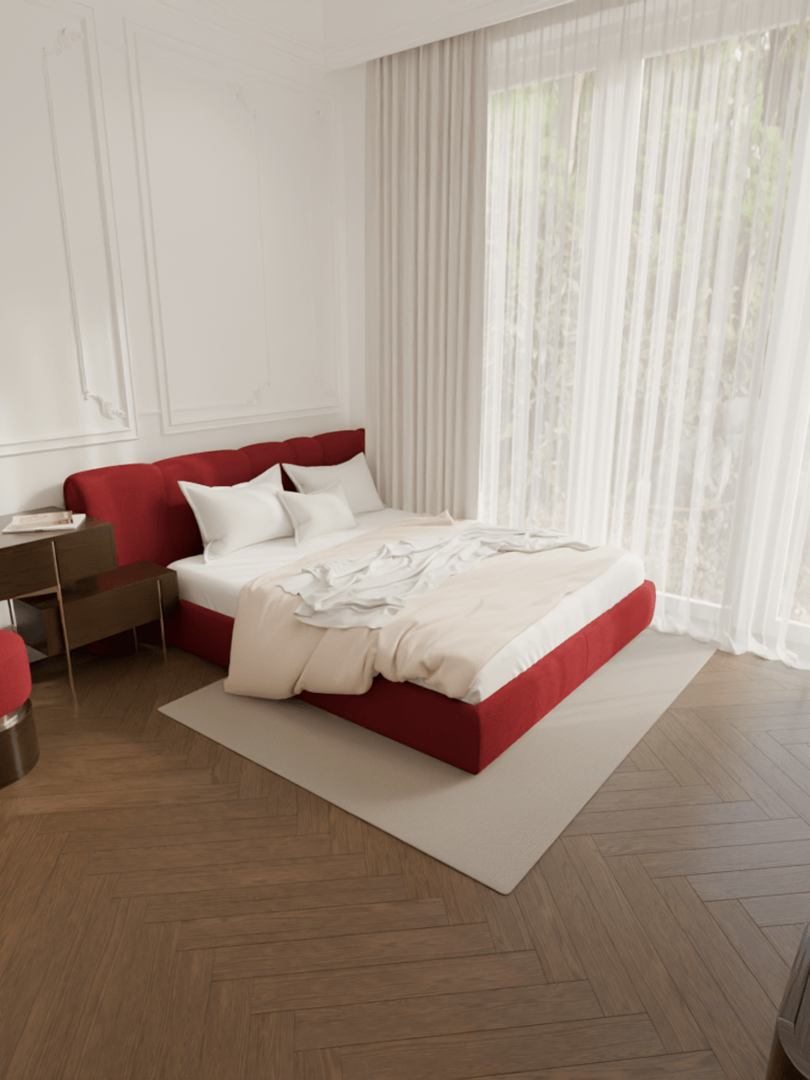 Parisian bedroom with herringbone parquet and sheer curtains
